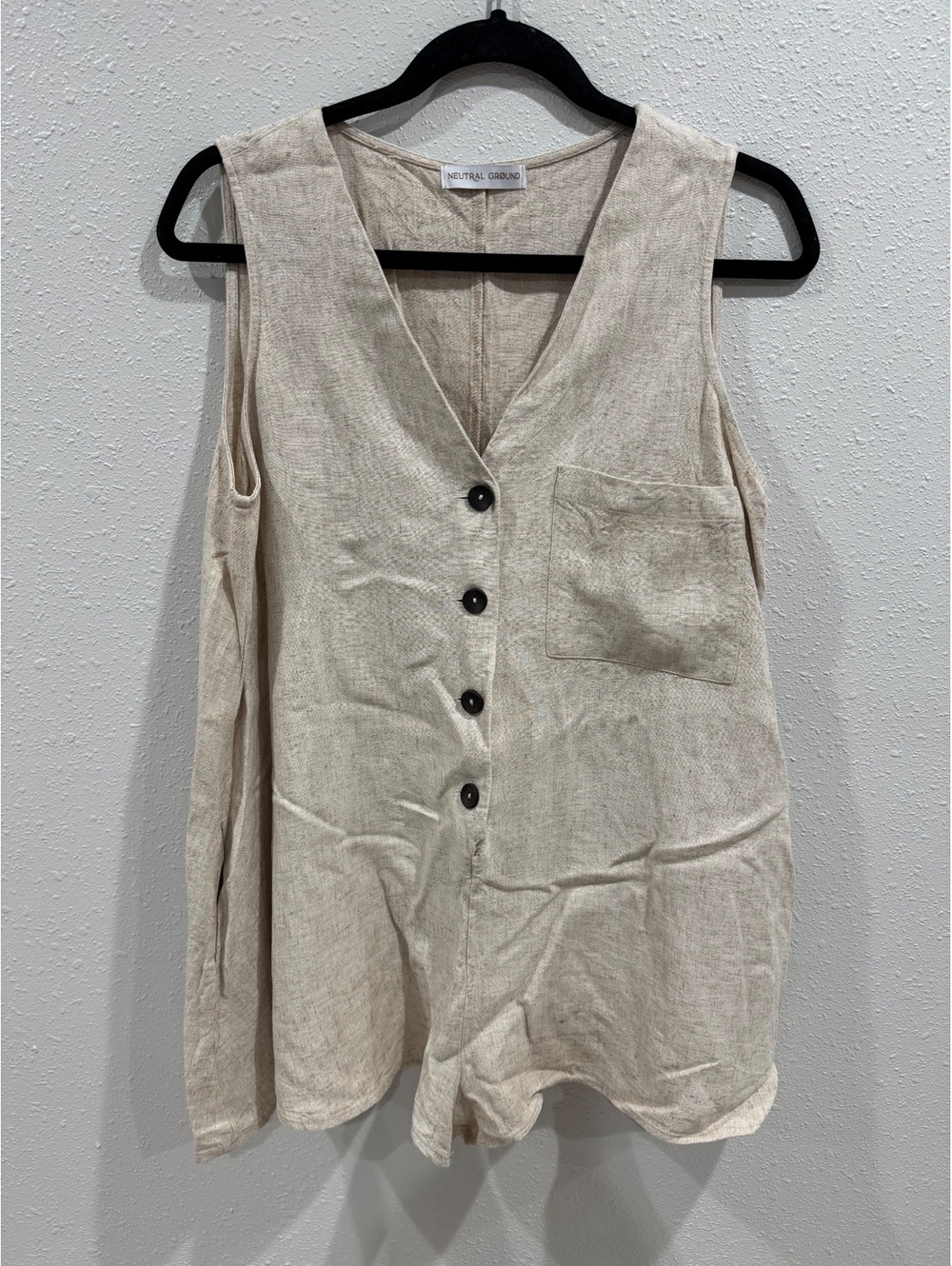 Neutral Ground Mykonos Linen Blend Button Front Romper Natural Beige Size M